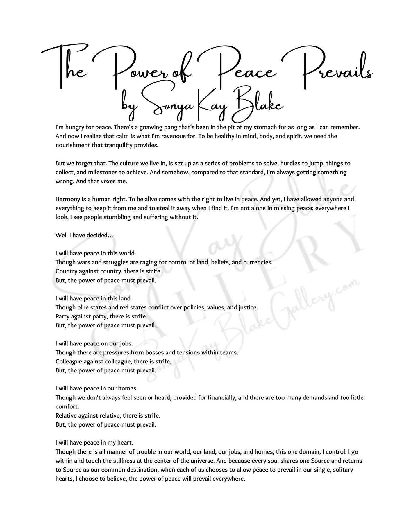 "The Power of Peace Prevails" Unframed Poetry Print