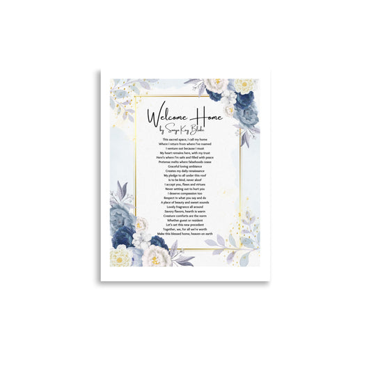 "Welcome Home" Unframed Poetry Art Poster (Blue Floral Style)