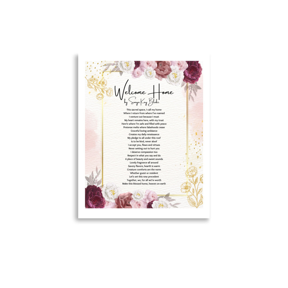 "Welcome Home" Unframed Poetry Art Poster (Pink Floral Style)