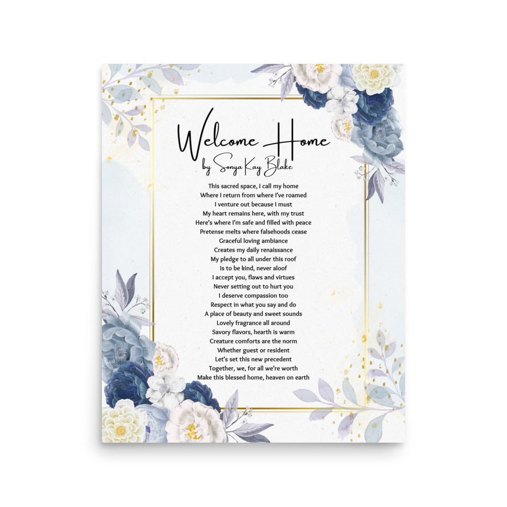 "Welcome Home" Unframed Poetry Art Poster (Blue Floral Style)