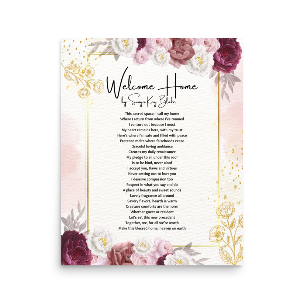 "Welcome Home" Unframed Poetry Art Poster (Pink Floral Style)