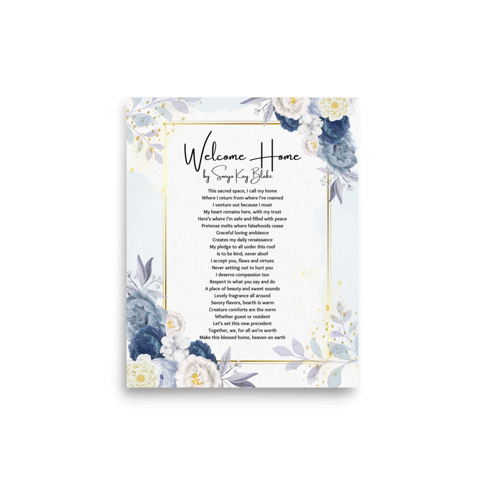 "Welcome Home" Unframed Poetry Art Poster (Blue Floral Style)