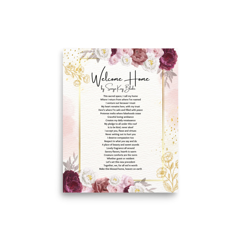 "Welcome Home" Unframed Poetry Art Poster (Pink Floral Style)